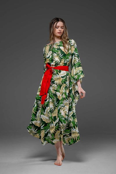 Green Leaf Pattern with Side Round splits Long Kaftan Dress With Belt 