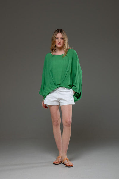 Green Rayon Crepe Elegant Chic Flowing Batwings Scoop neck Blouse