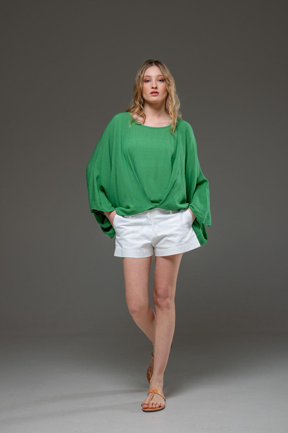 Green Rayon Crepe Elegant Chic Flowing Batwings Scoop neck Blouse