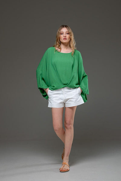 Green Rayon Crepe Elegant Chic Flowing Batwings Scoop neck Blouse