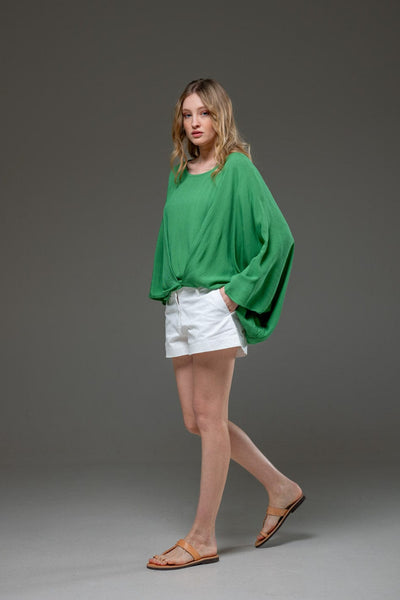 Green Rayon Crepe Elegant Chic Flowing Batwings Scoop neck Blouse