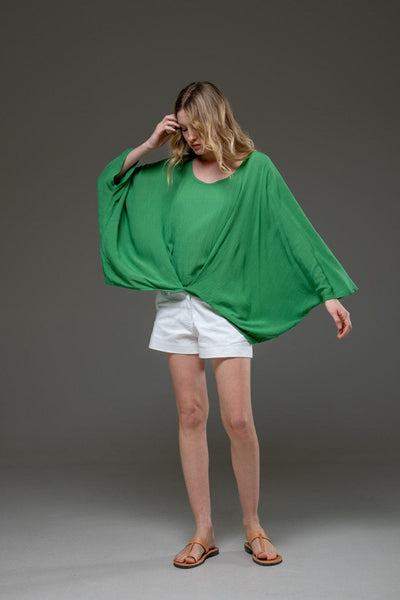 Green Rayon Crepe Elegant Chic Flowing Batwings Scoop neck Blouse