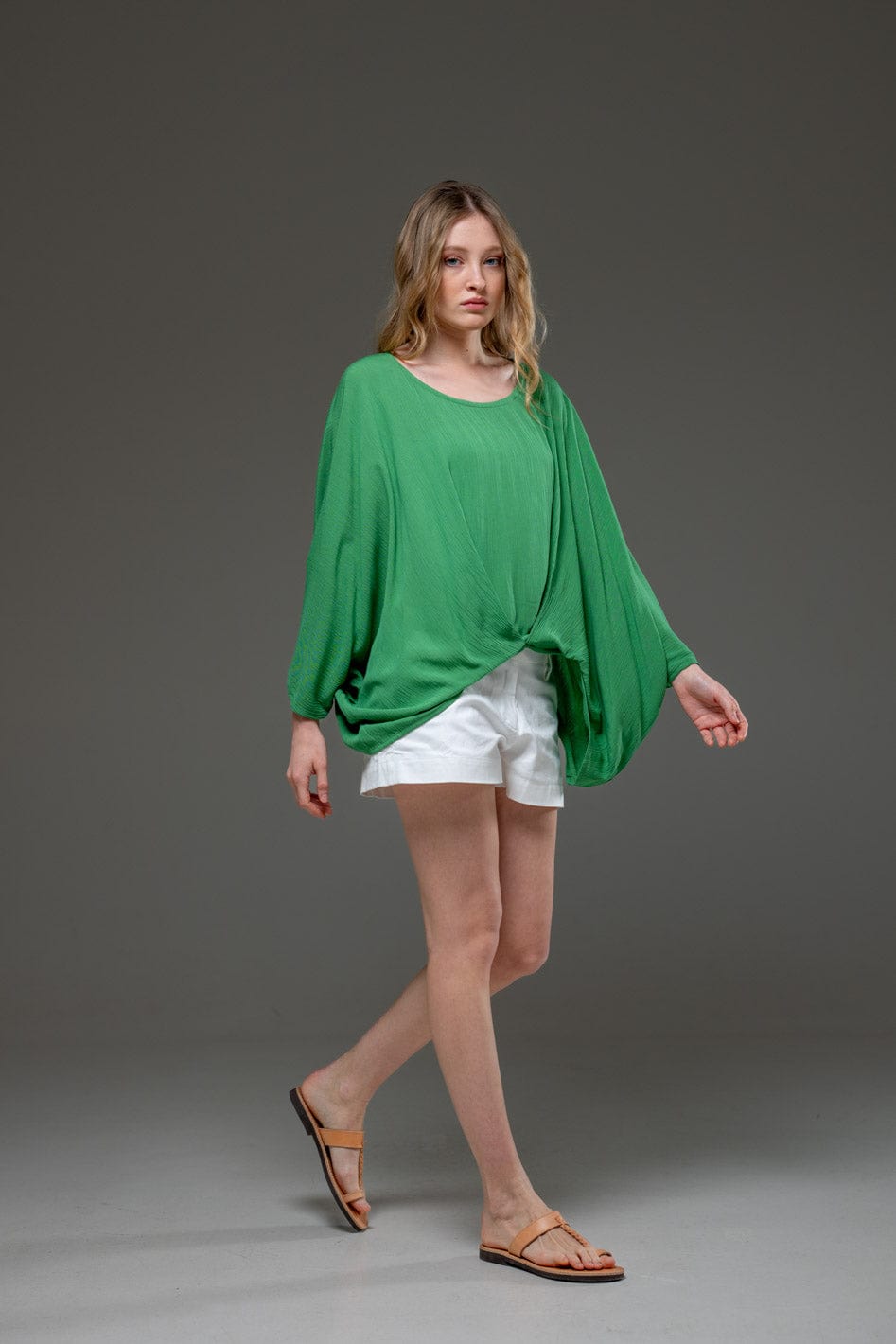 Green Rayon Crepe Elegant Chic Flowing Batwings Scoop neck Blouse