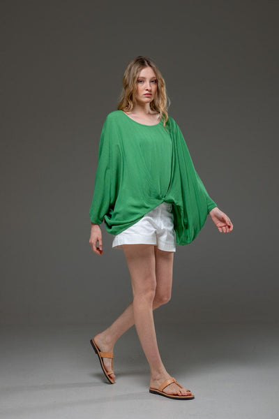Green Rayon Crepe Elegant Chic Flowing Batwings Scoop neck Blouse
