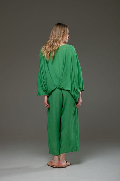 Green Rayon Crepe Full Length elegant pants and fowing batwings Blouse Set