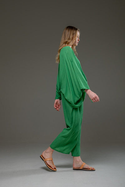 Green Rayon Crepe Full Length elegant pants and fowing batwings Blouse Set