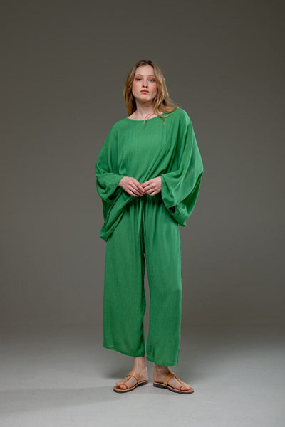 Green Rayon Crepe Full Length elegant pants and fowing batwings Blouse Set