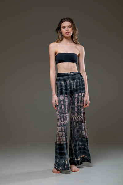 Grey Brown elastic fabric hand tie dye wide leg long pant and long Open Jacket Set