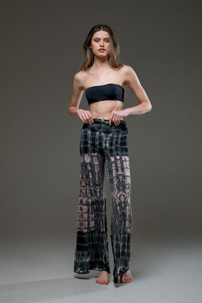 Grey Brown elastic fabric  hand tie dye wide leg long pant