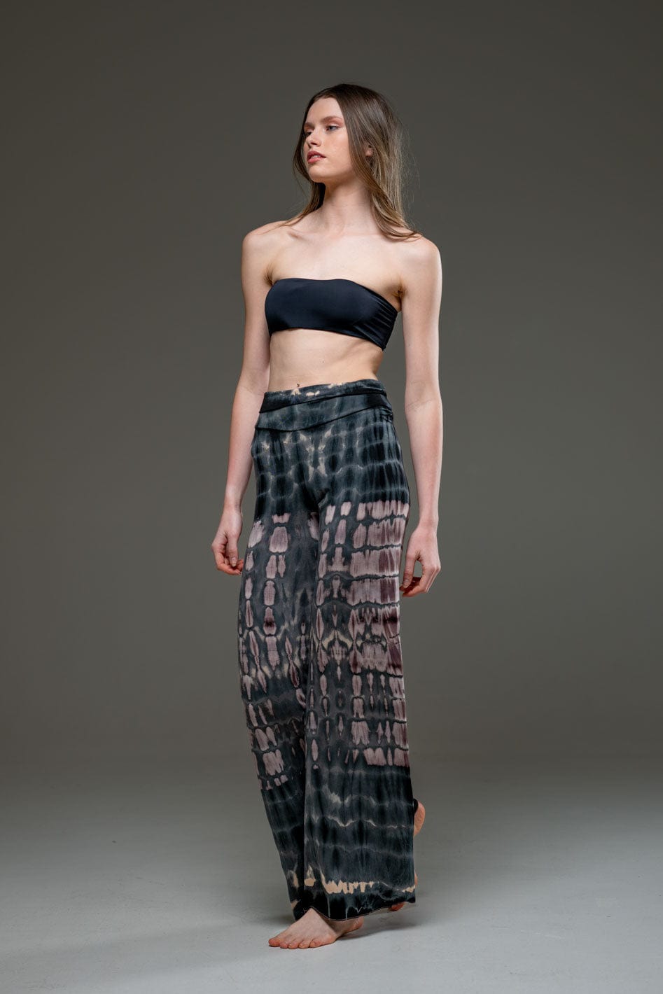 Grey Brown elastic fabric  hand tie dye wide leg long pant