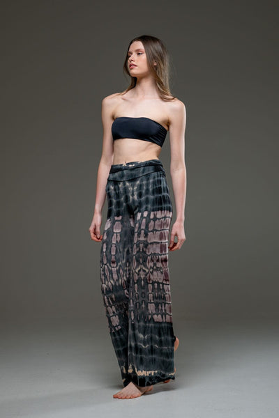 Grey Brown elastic fabric  hand tie dye wide leg long pant