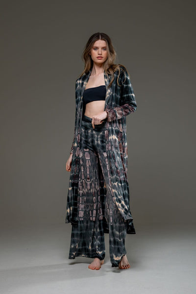 Grey Brown elastic fabric hand tie dye wide leg long pant and long Open Jacket Set