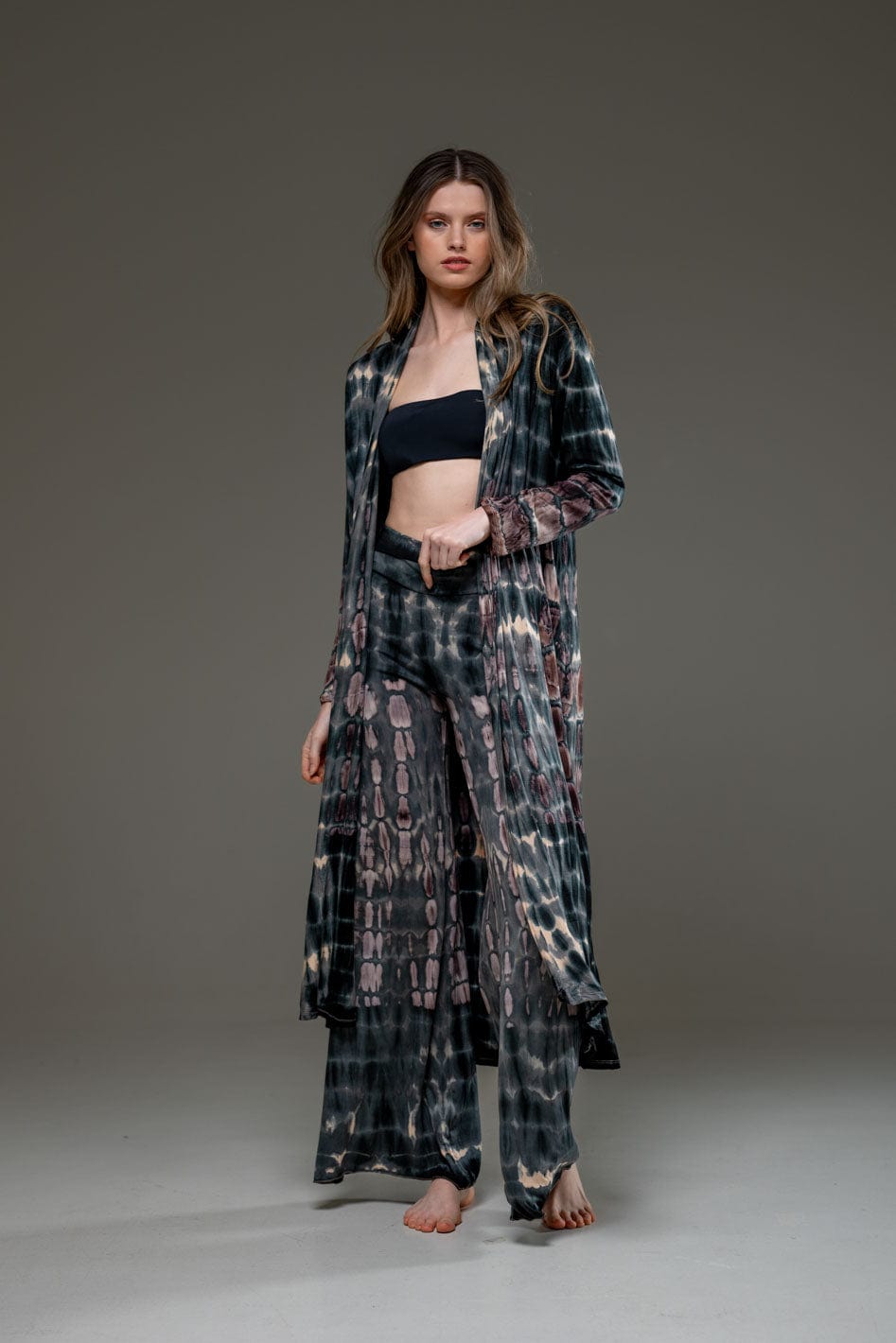 Grey Brown elastic fabric hand tie dye long Open Jacket 