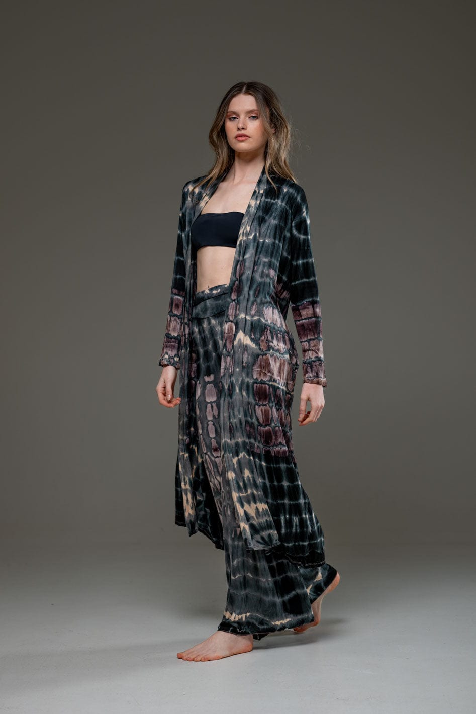 Grey Brown elastic fabric hand tie dye wide leg long pant and long Open Jacket Set