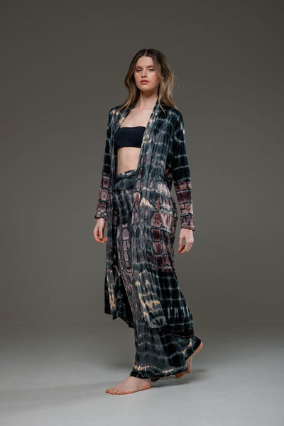 Grey Brown elastic fabric hand tie dye wide leg long pant and long Open Jacket Set