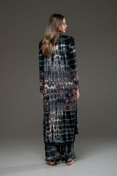 Grey Brown elastic fabric hand tie dye wide leg long pant and long Open Jacket Set