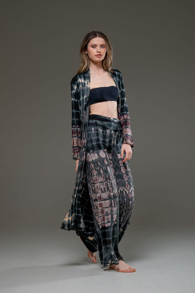 Grey Brown elastic fabric hand tie dye wide leg long pant and long Open Jacket Set