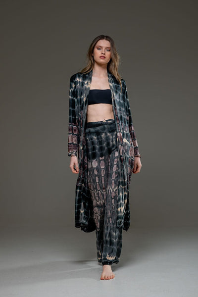Grey Brown elastic fabric hand tie dye wide leg long pant and long Open Jacket Set