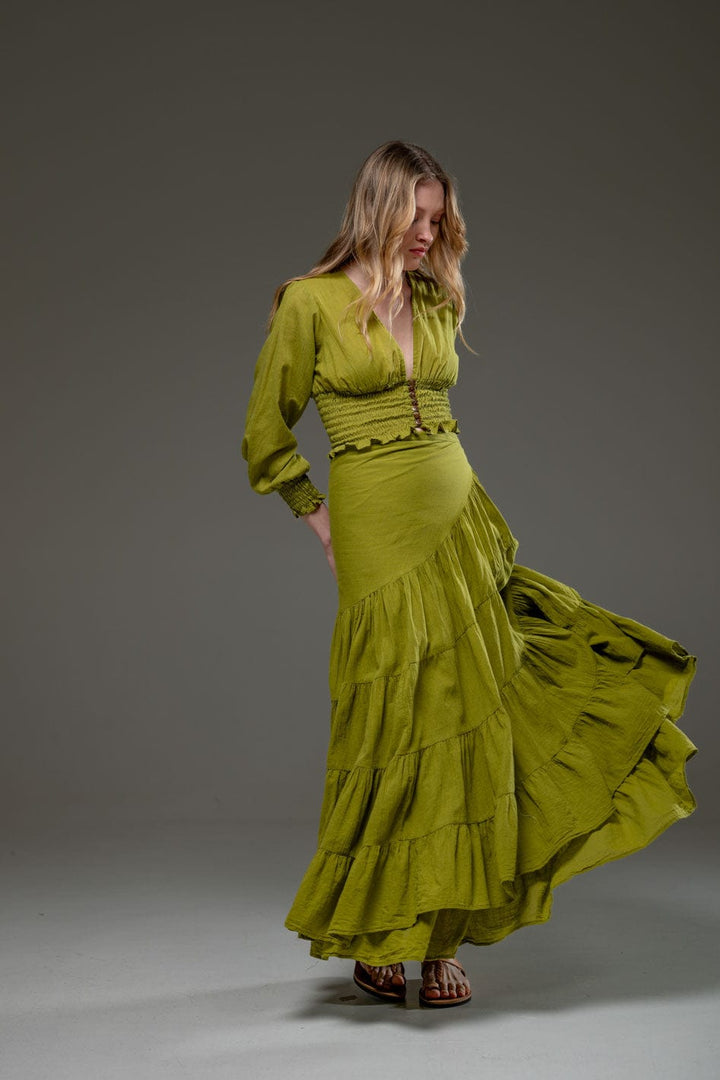 Light Green Organic Cotton Wrap Long Ruffled Skirt and Long Sleeve Top Crop Set 