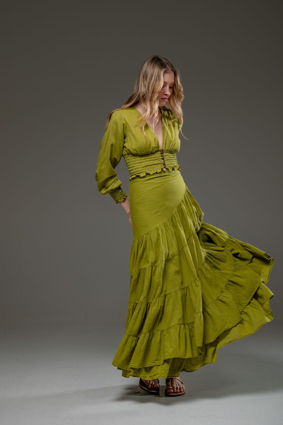 Light Green Organic Cotton Wrap Long Ruffled Skirt and Long Sleeve Top Crop Set 