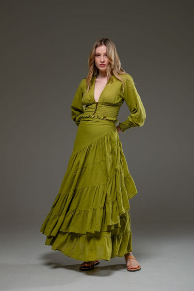 Light Green Organic Cotton Wrap Long Ruffled Skirt and Long Sleeve Top Crop Set 