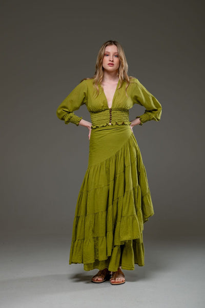 Light Green Organic Cotton Wrap Long Ruffled Skirt and Long Sleeve Top Crop Set 