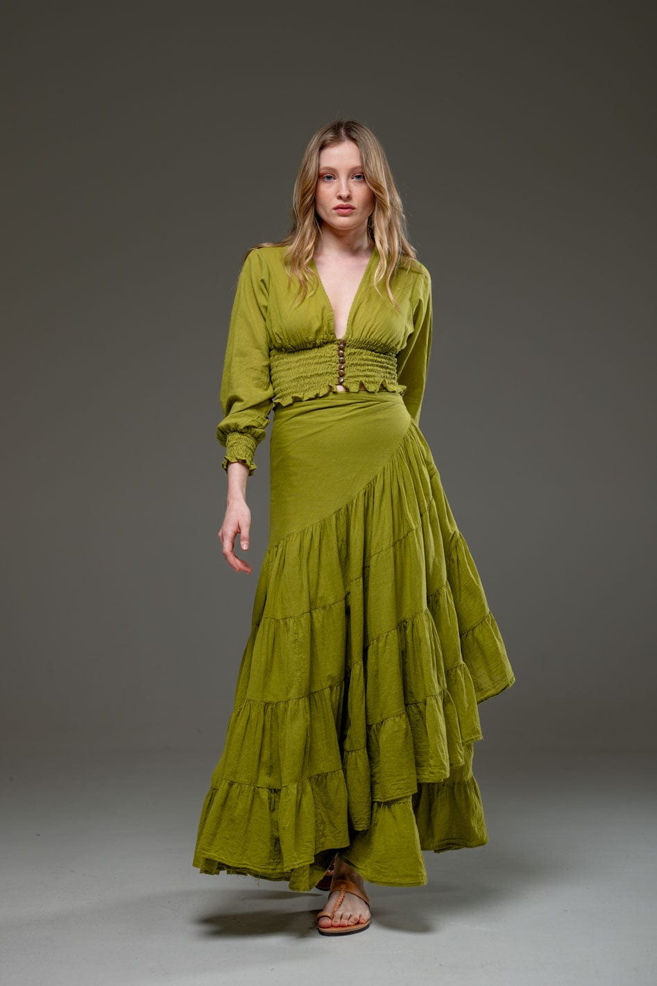 Light Green Organic Cotton Wrap Long Ruffled Skirt and Long Sleeve Top Crop Set 