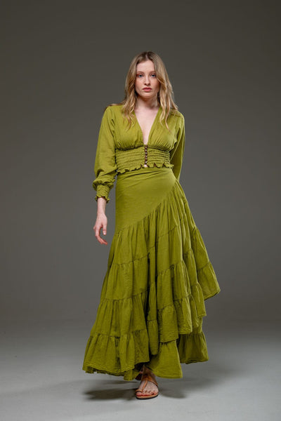 Light Green Organic Cotton Wrap Long Ruffled Skirt and Long Sleeve Top Crop Set 