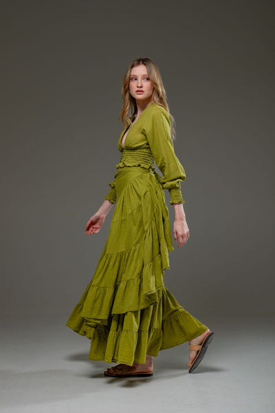 Light Green Organic Cotton Wrap Long Ruffled Skirt and Long Sleeve Top Crop Set 