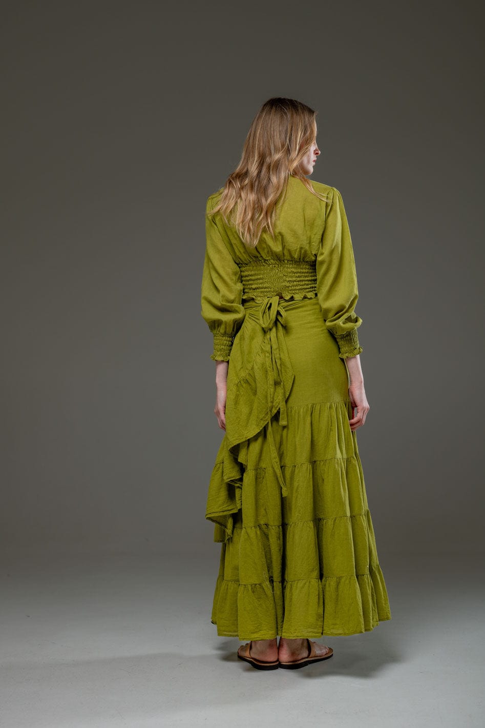 Light Green Organic Cotton Wrap Long Ruffled Skirt and Long Sleeve Top Crop Set 