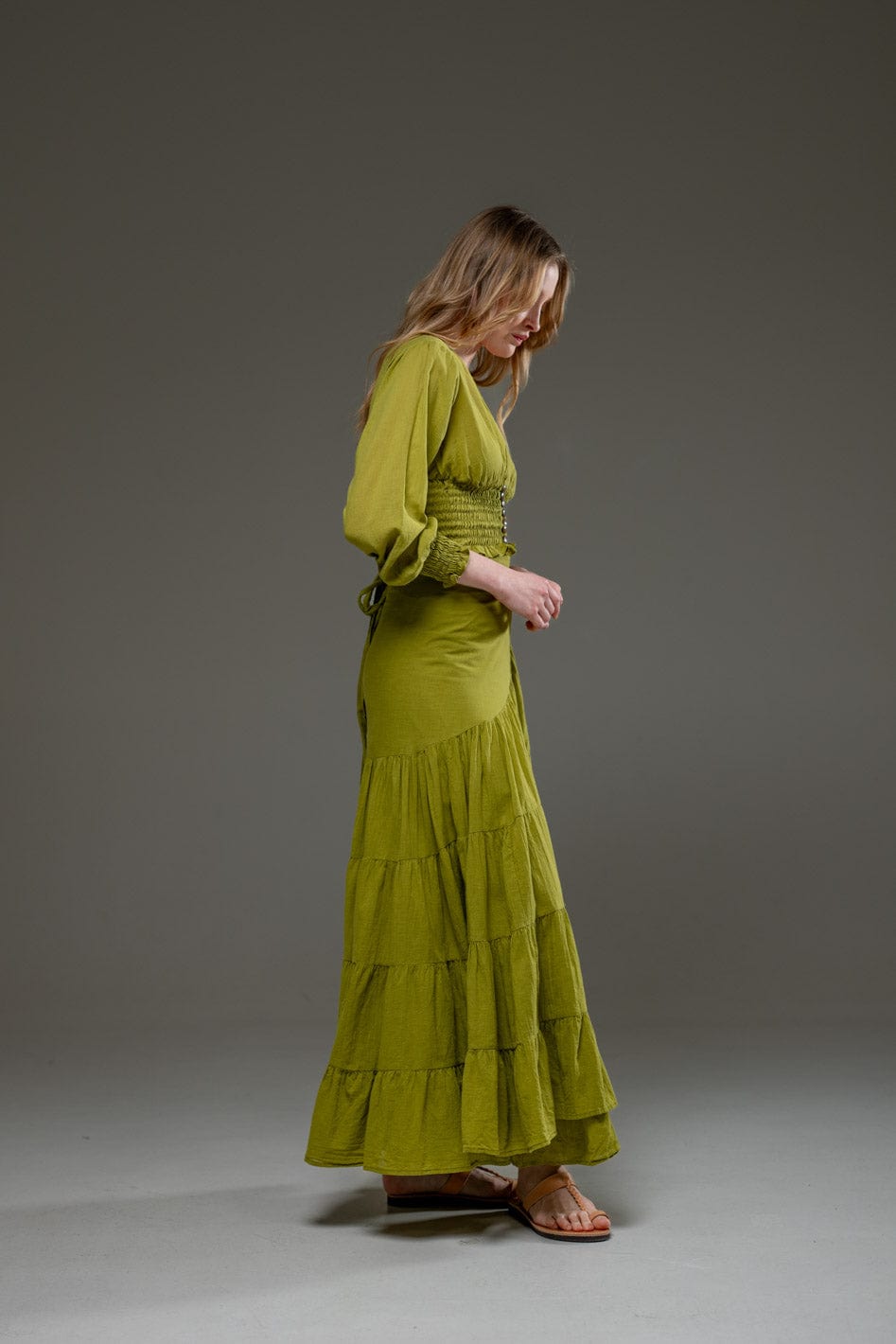 Light Green Organic Cotton Wrap Long Ruffled Skirt and Long Sleeve Top Crop Set 