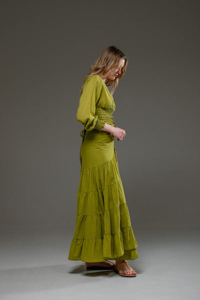 Light Green Organic Cotton Wrap Long Ruffled Skirt and Long Sleeve Top Crop Set 