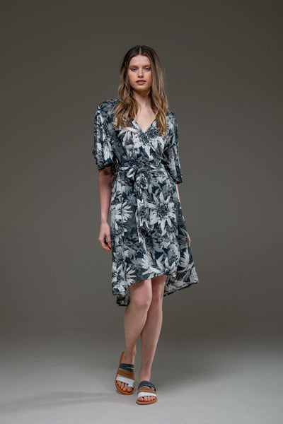 Luxury Soft Dark Lotus Digital Print Pattern V Neck Self Waist Tie Over The Knee Wrap Dress