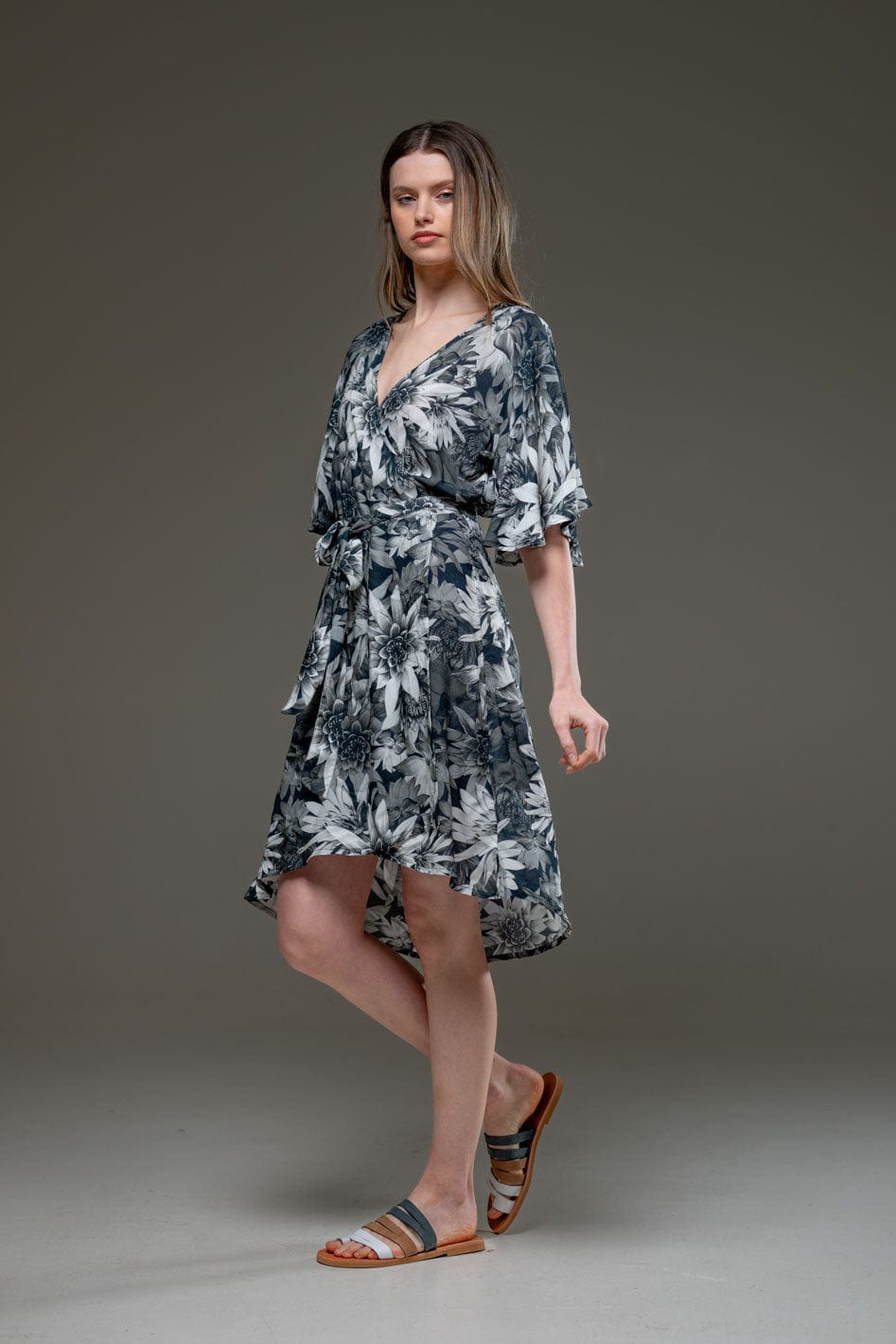 Luxury Soft Dark Lotus Digital Print Pattern V Neck Self Waist Tie Over The Knee Wrap Dress