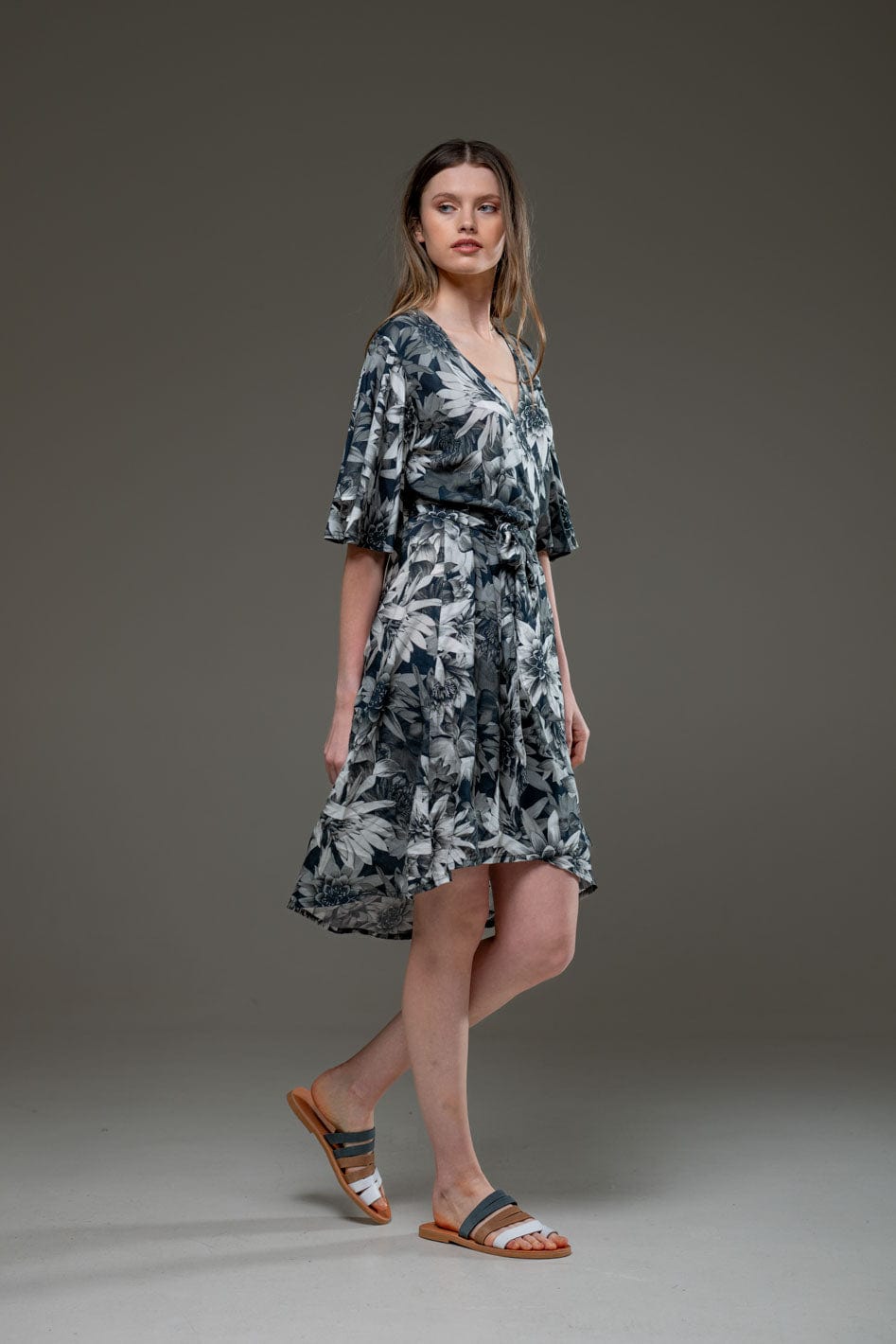 Luxury Soft Dark Lotus Digital Print Pattern V Neck Self Waist Tie Over The Knee Wrap Dress