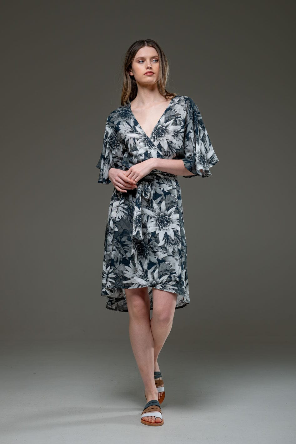 Luxury Soft Dark Lotus Digital Print Pattern V Neck Self Waist Tie Over The Knee Wrap Dress