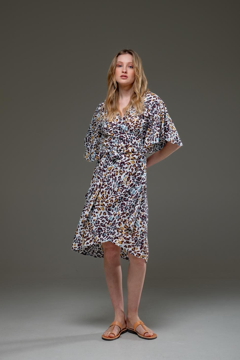 Luxury Soft Mixed colors Leopard Print V Neck Self Waist Tie Midi Wrap Dress