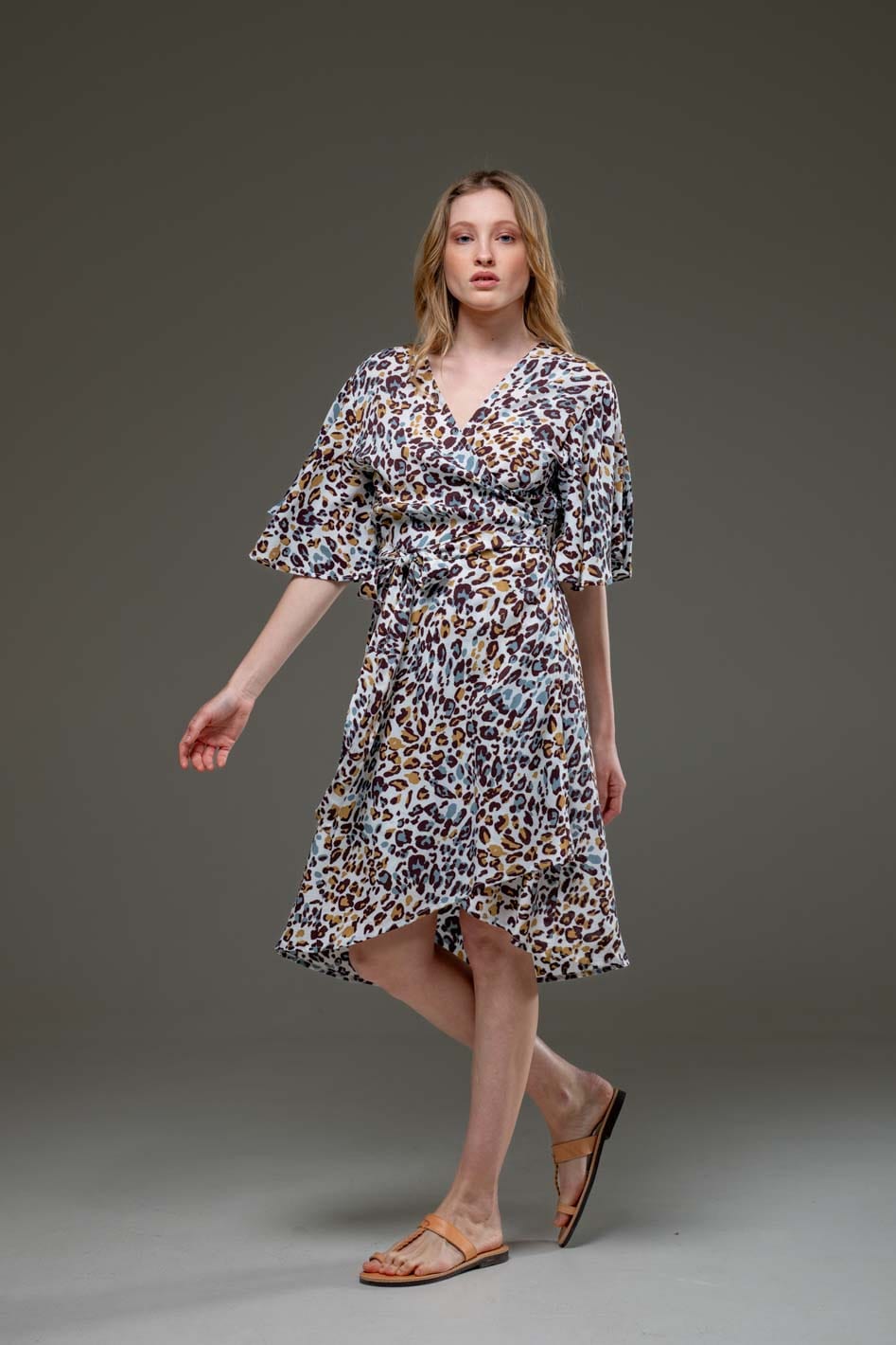 Luxury Soft Mixed colors Leopard Print V Neck Self Waist Tie Midi Wrap Dress