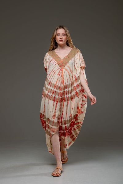Luxury Soft Rayon Beige Red Tie Dye Pattern Asymmetric Hemline V Neck Kaftan Dress