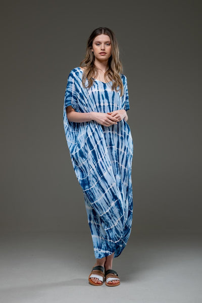 Luxury Soft Rayon Blue Tie Dye Pattern Asymmetric Hemline V Neck Kaftan Dress