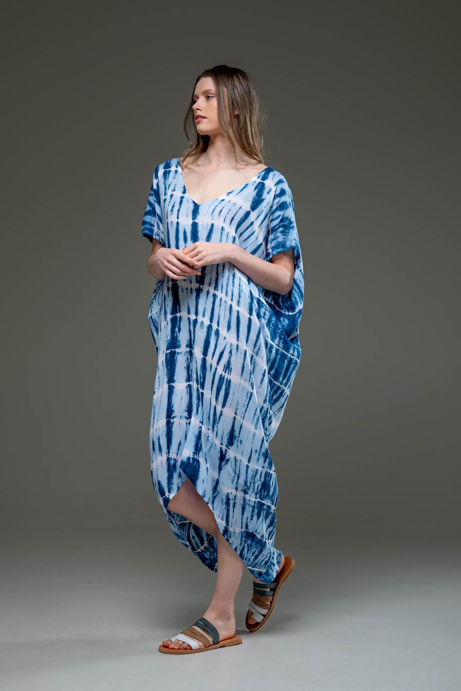 Luxury Soft Rayon Blue Tie Dye Pattern Asymmetric Hemline V Neck Kaftan Dress