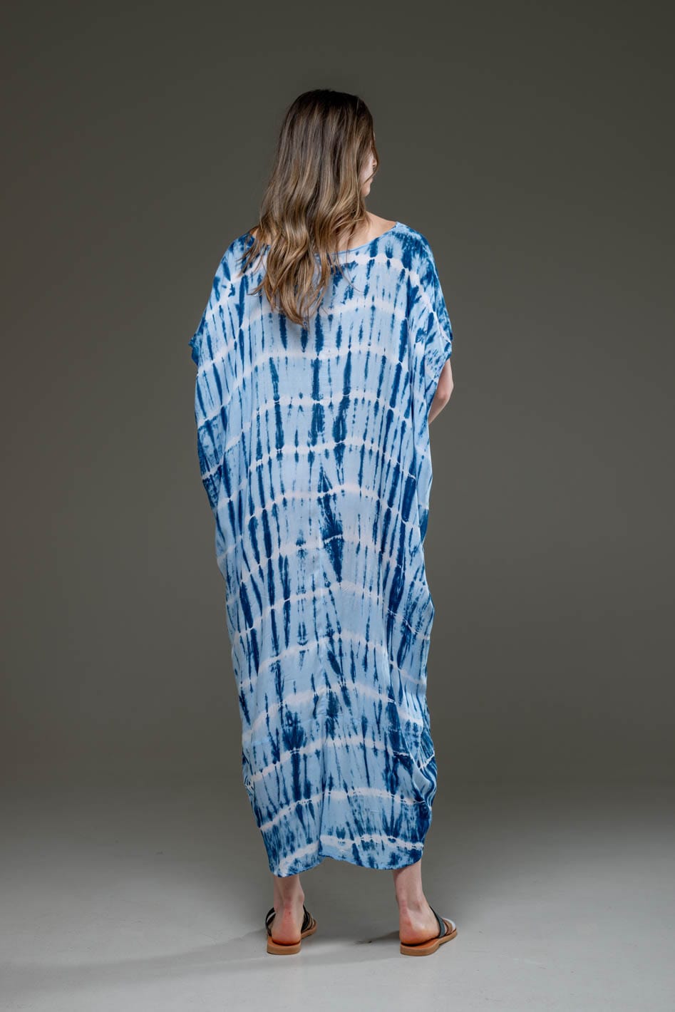 Luxury Soft Rayon Blue Tie Dye Pattern Asymmetric Hemline V Neck Kaftan Dress