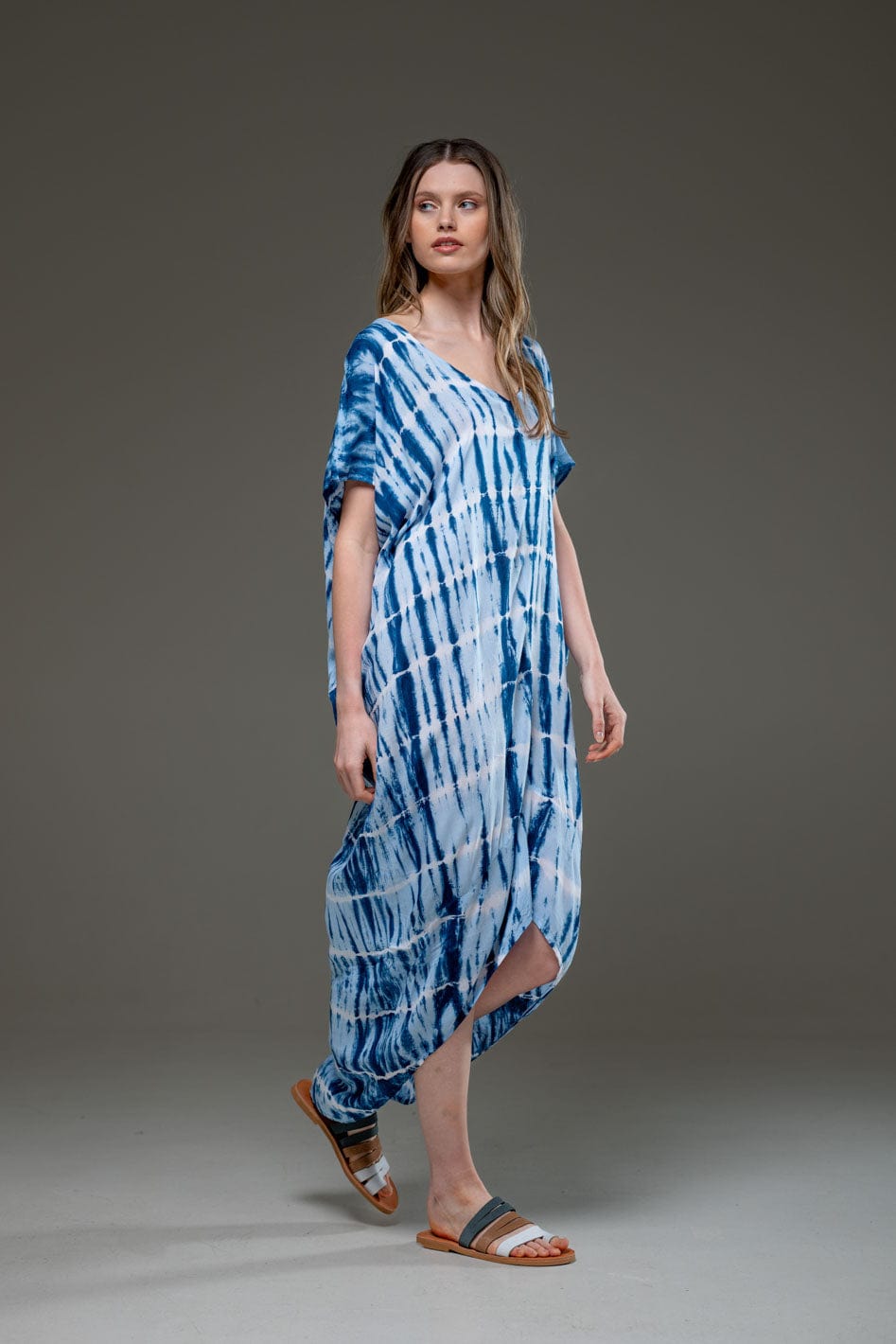 Luxury Soft Rayon Blue Tie Dye Pattern Asymmetric Hemline V Neck Kaftan Dress