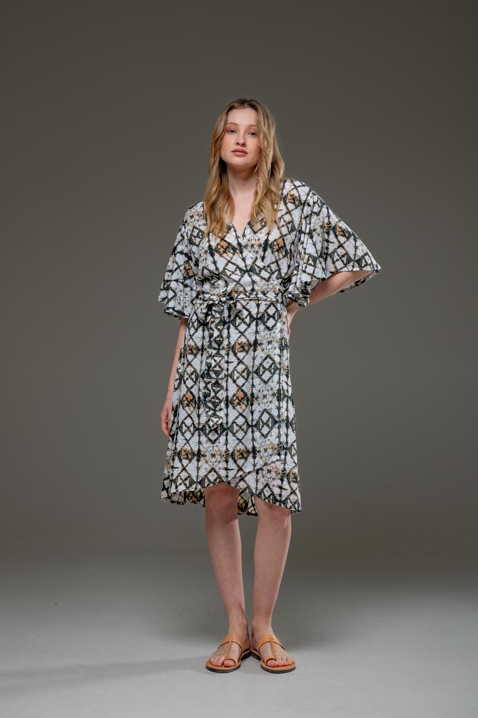 Luxury Soft Rayon Geometric Pattern V Neck Self Waist Tie Over Midi Wrap Dress