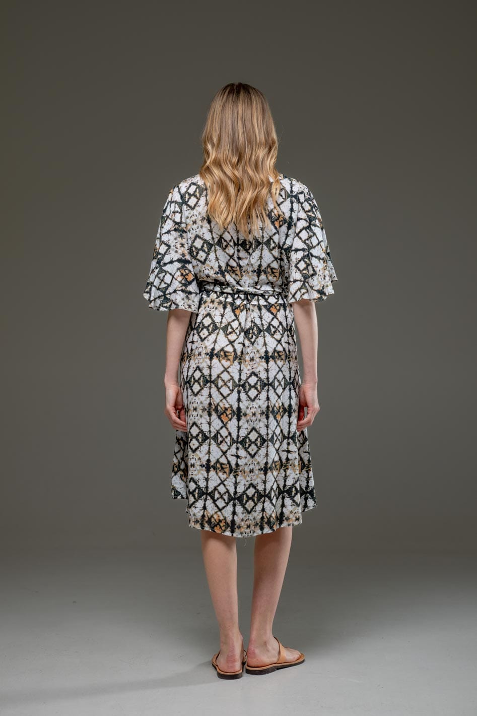 Luxury Soft Rayon Geometric Pattern V Neck Self Waist Tie Over Midi Wrap Dress