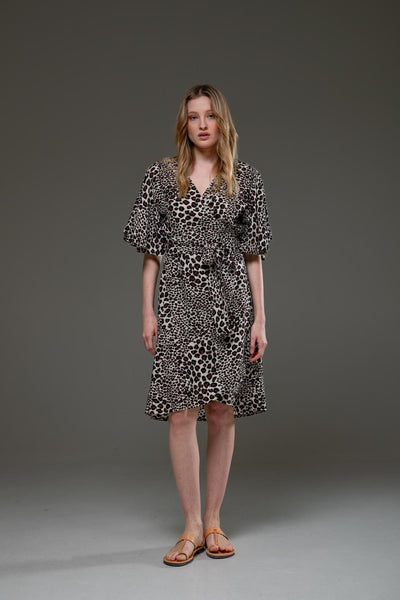 Luxury Soft Rayon Leopard Pattern V Neck Self Waist Tie Midi Wrap Dress