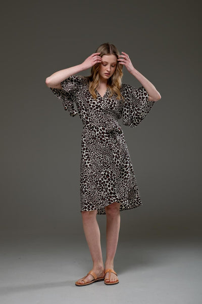 Luxury Soft Rayon Leopard Pattern V Neck Self Waist Tie Midi Wrap Dress