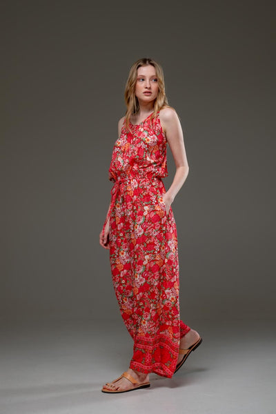 Luxury Soft Rayon Red Flower Border Print Scoop Neckline Waistband with drawsting Elegant Jumpsuit