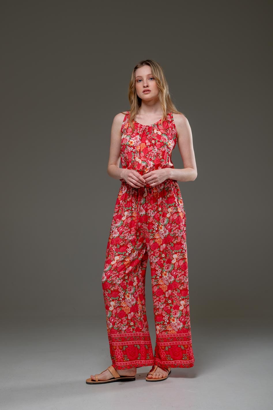 Luxury Soft Rayon Red Flower Border Print Scoop Neckline Waistband with drawsting Elegant Jumpsuit