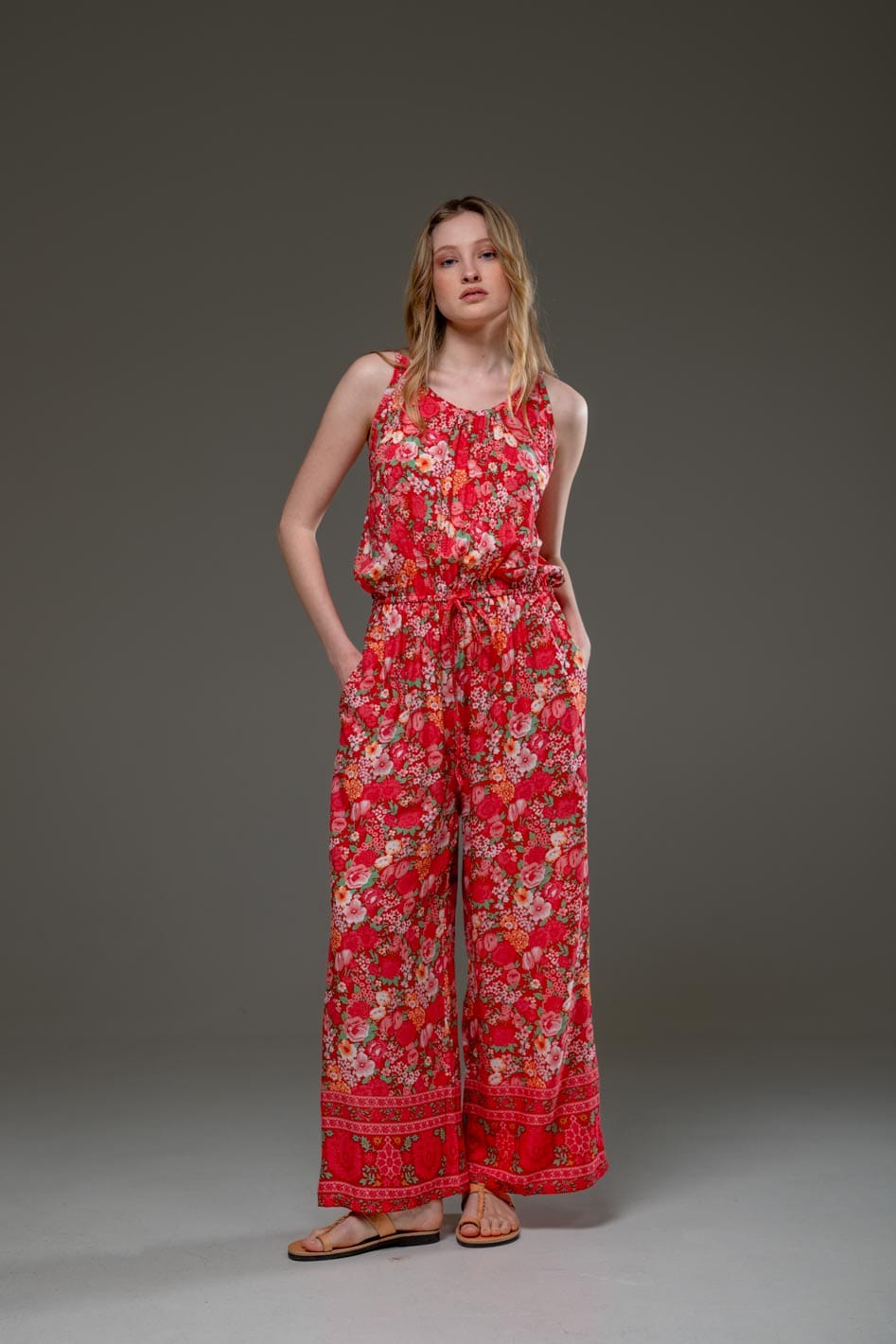 Luxury Soft Rayon Red Flower Border Print Scoop Neckline Waistband with drawsting Elegant Jumpsuit